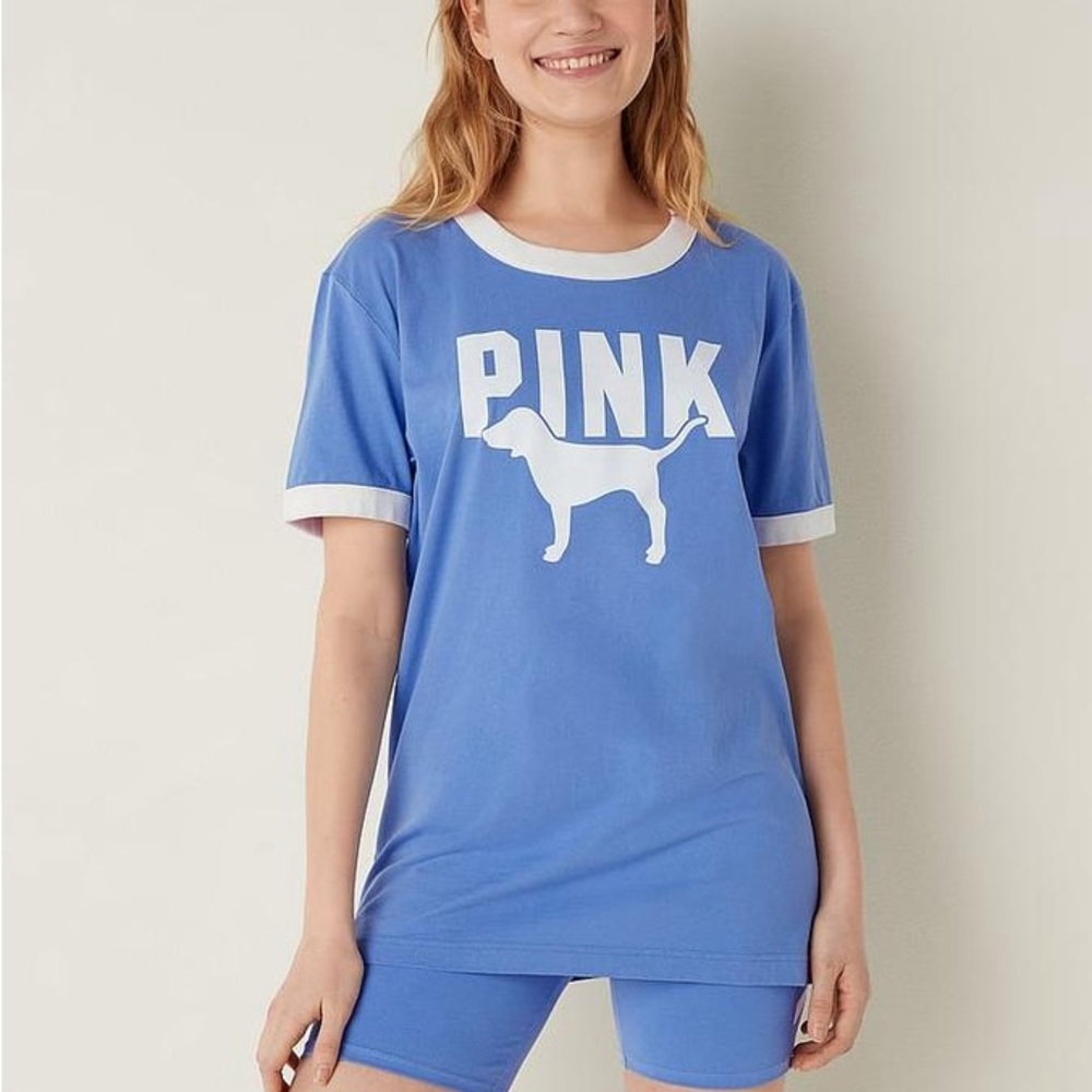 Victoria's Secret Blue and White Ringer‎ Tee Size Medium Y2K